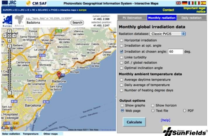 ejemplo PVGIS datos radiación Solar