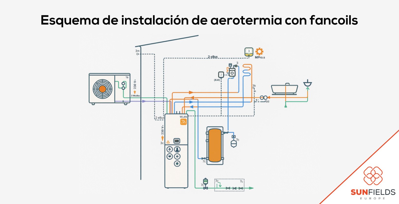 Esquema de instalación de aerotermia con fancoils