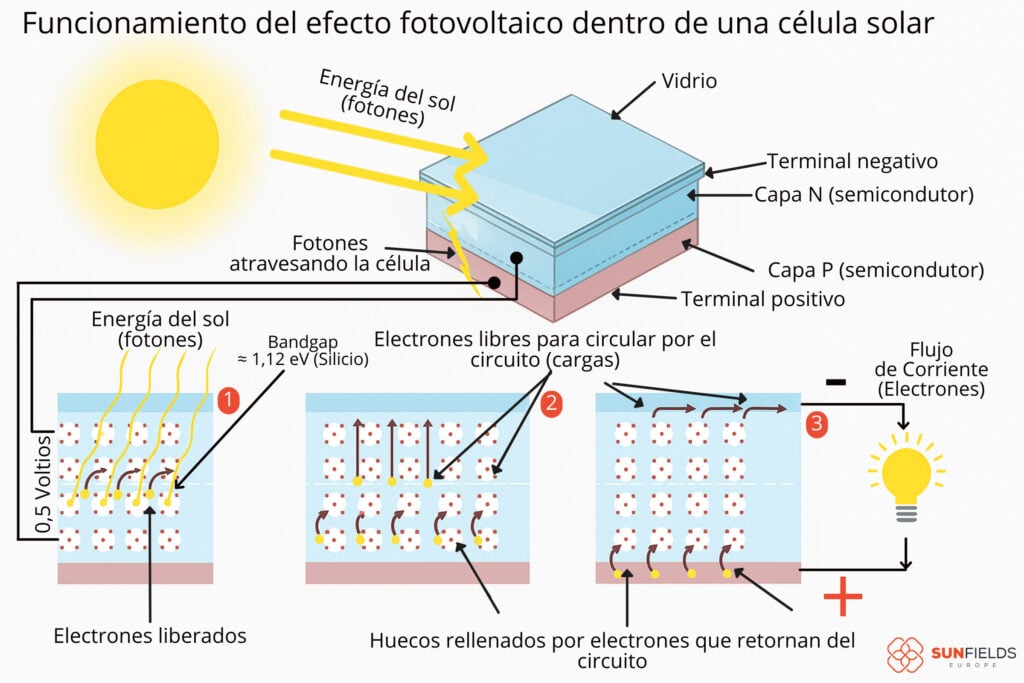 Funcionamiento del efecto fotovoltaico dentro de una célula solar