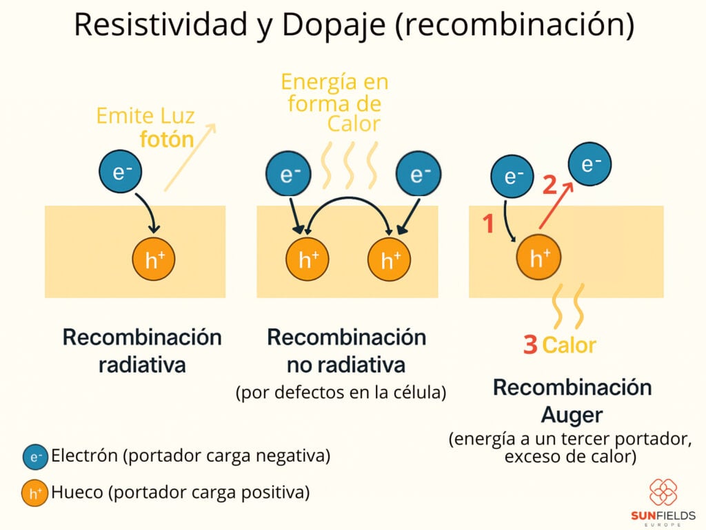 Tipos de recombinación por resistividad y dopaje en las obleas solares