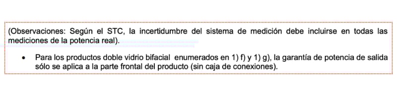 Extracto documento garantía de potencia de paneles Trina Solar