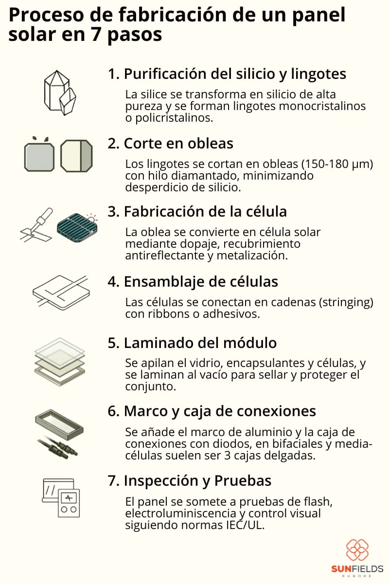 Pasos de proceso de fabricación de un panel solar