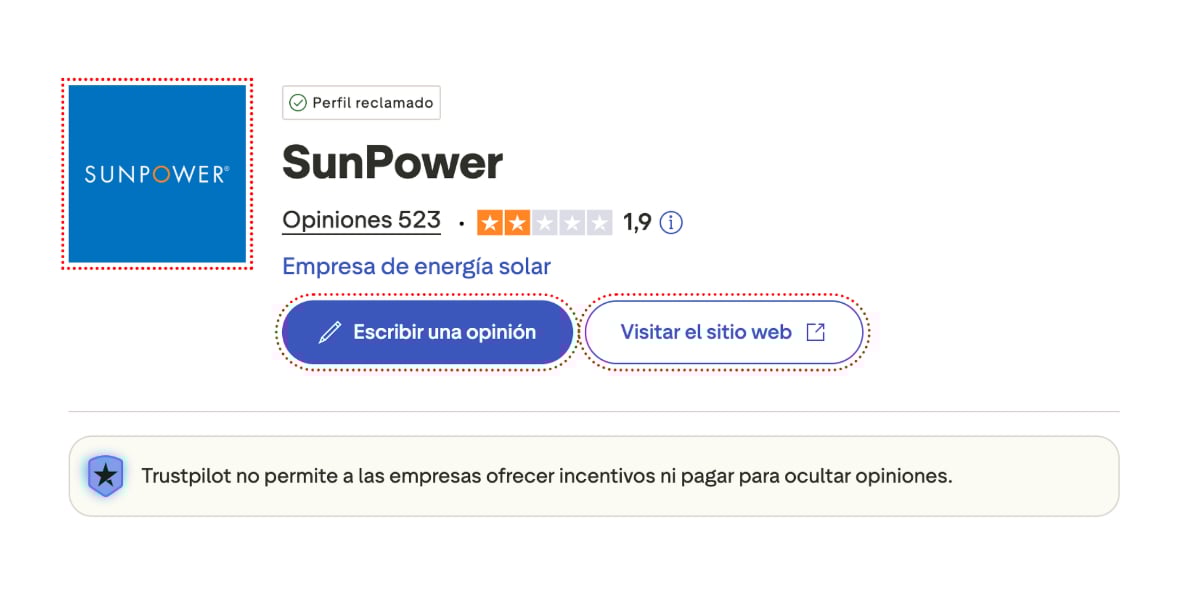 Valoración SunPower en TrustPilot