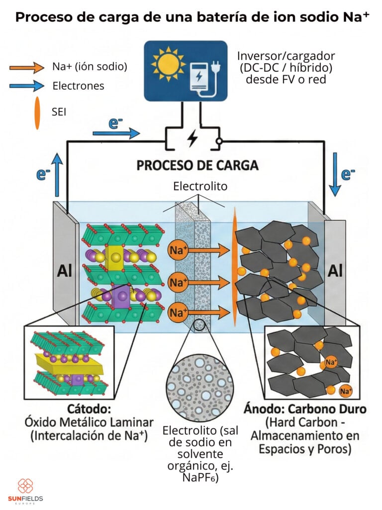 Proceso físico de carga de una batería de ion sodio (Na)