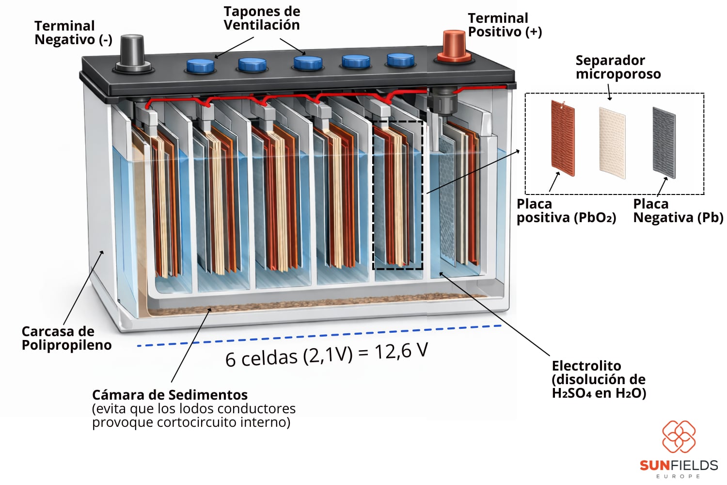 Vista interior de una batería de plomo acido de 12v convencional